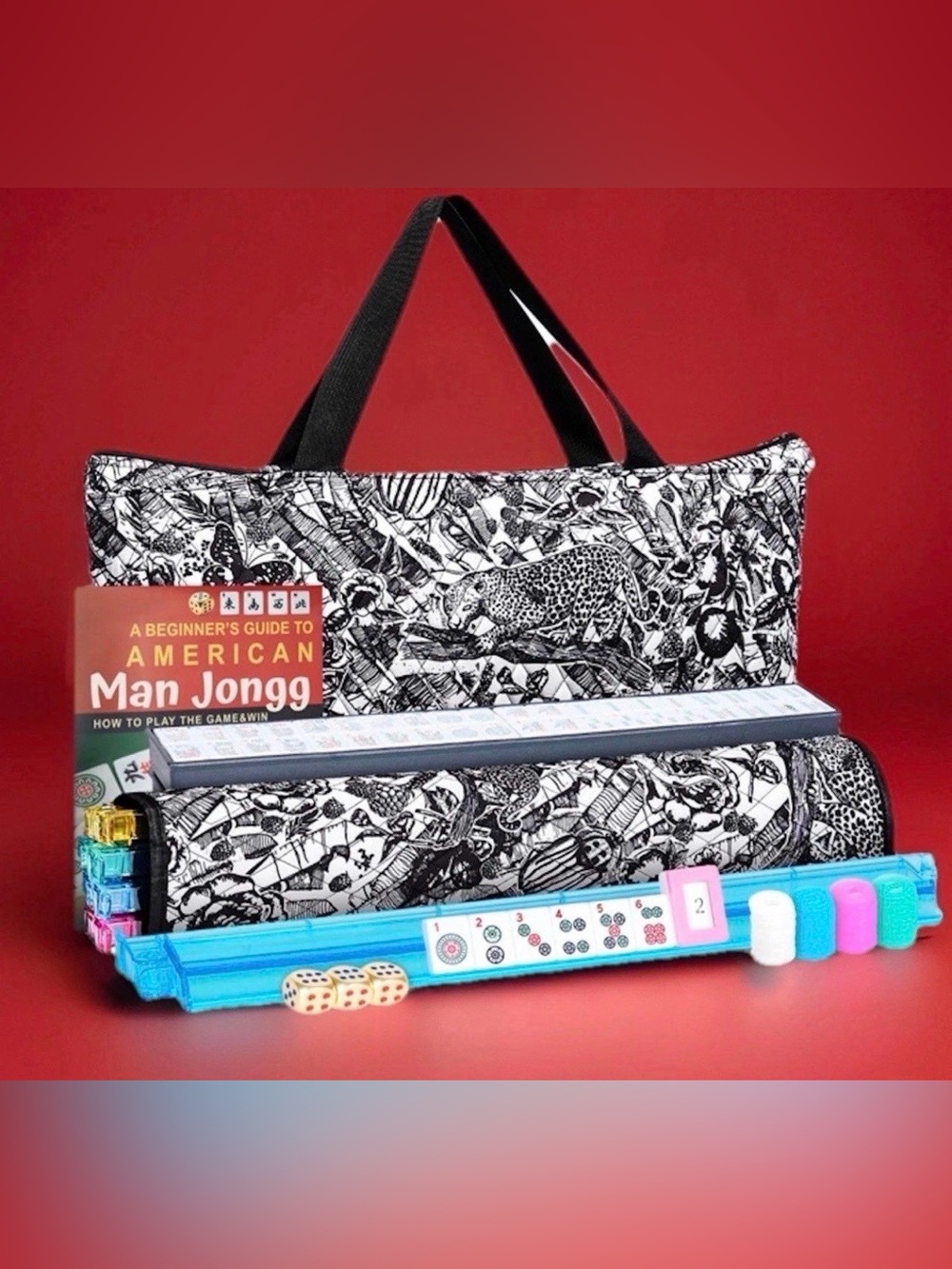 Designer Style Botanical Toile Mahjong Rack Set Leopard Beetle Art Bag